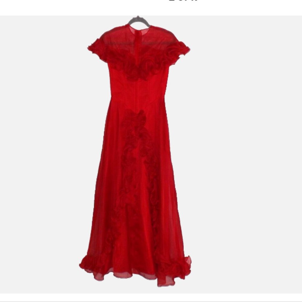 Vintage Red Maxi Dress Southern Bell Sheer Illusion Swiss Sheer Ruffles Size 8